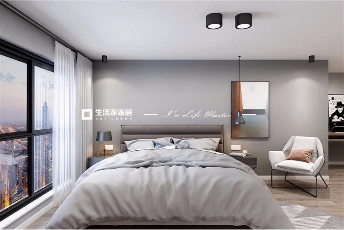 臥室采用淺灰色作為背景以簡潔的表現形式來滿足人們對空間環境舒適感的向往，簡單的現代家居造型沉穩雅致，落地窗戶在華燈初上的夜晚折射出幾分浪漫韻味。